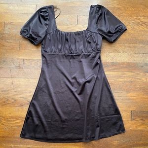 Smocked satin dress size Medium, puff sleeves, in Aubergine.